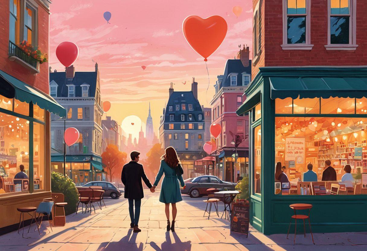 A whimsical illustration of a couple navigating a lively city filled with iconic date spots, like a cozy café, a scenic park, and a charming bookshop, holding hands while interacting with various people around them. Surround them with heart-shaped balloons and soft, romantic lighting to evoke a sense of adventure and love. The background features a sunset sky with vibrant colors and city skyline silhouettes. enchanting, vibrant colors, illustration.