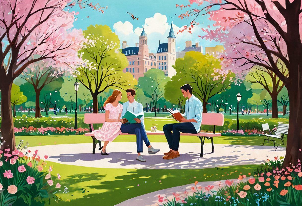 A whimsical scene depicting a playful couple engaged in flirtation amidst a backdrop of blooming city parks and cozy cafes, symbolizing modern romance. Include soft pastel colors, hints of laughter, heart shapes subtly woven into the surroundings, and an open book with love stories resting near them. Capture the essence of intimacy and adventure with elements of spontaneity. illustration. vibrant colors. soft focus.