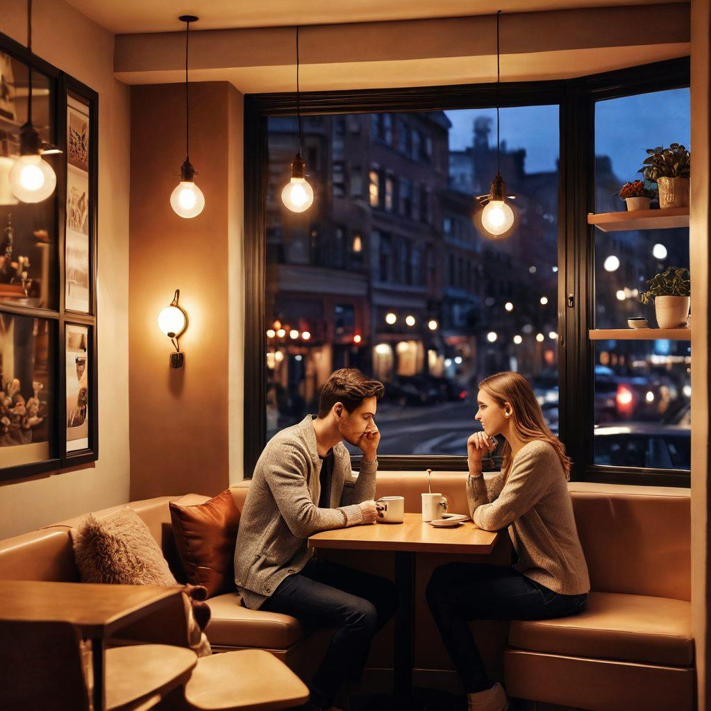 A warm, inviting scene featuring a cozy café corner with two people engaged in deep conversation, their expressions filled with curiosity and warmth. Soft ambient lighting enhances the intimacy, surrounded by small details like coffee cups and heart-shaped decorations. The backdrop hints at a bustling city outside the window, symbolizing modern dating scenarios. Emphasize a sense of connection and exploration. super-realistic. warm tones. soft lighting.